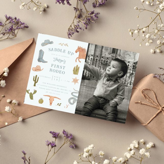 First Rodeo Cowboy Boy Birthday Party Foto Einladung (Von Creator hochgeladen)