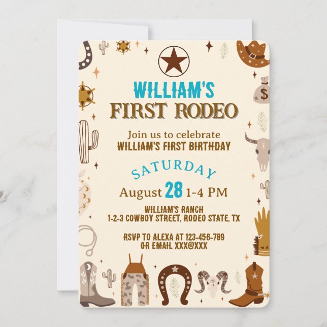 First Rodeo Cowboy First Birthday Einladung (Vorderseite)