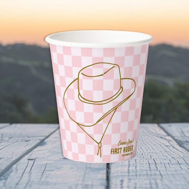 First Rodeo Cowboy Hat Pink Checkered 1st Birthday Pappbecher (First Rodeo Cowboy Hat Pink Checkered 1st Birthday Paper Cups)