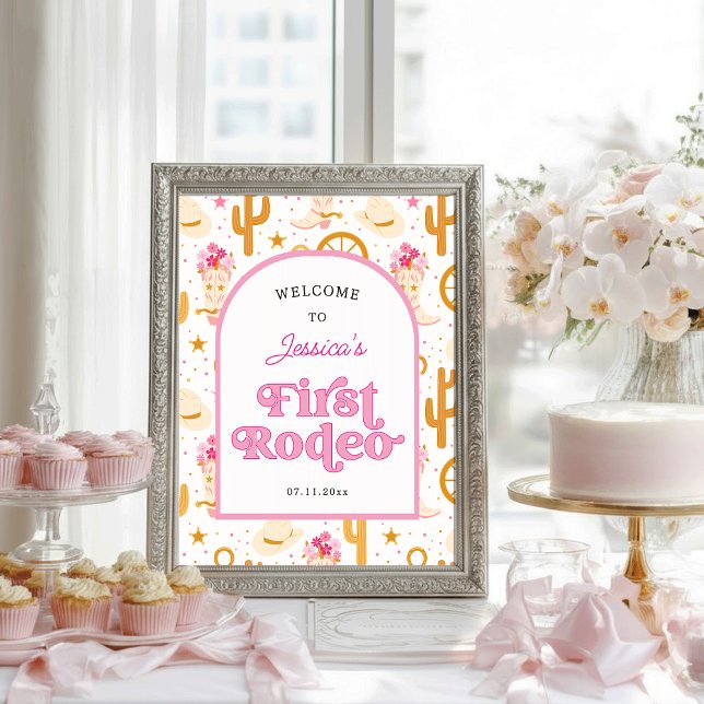 First Rodeo Cowgirl Pink 1st Birthday Welcome Poster (Von Creator hochgeladen)