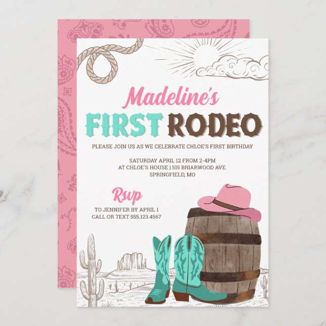 First Rodeo Girls Western Erstgeburt Einladung (Vorne/Hinten)