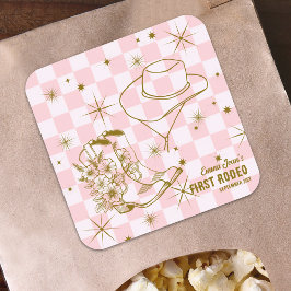 First Rodeo Pink Brown Cowgirl Boots Hat Birthday Quadratischer Aufkleber