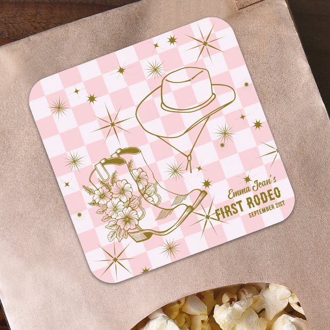 First Rodeo Pink Brown Cowgirl Boots Hat Birthday Quadratischer Aufkleber (First Rodeo Pink Brown Cowgirl Boots Hat Birthday Square Sticker)