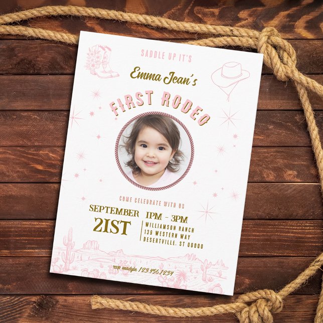 First Rodeo Pink Cowgirl First Birthday Einladungspostkarte (First Rodeo Pink Cowgirl First Birthday Invitation Postcard)