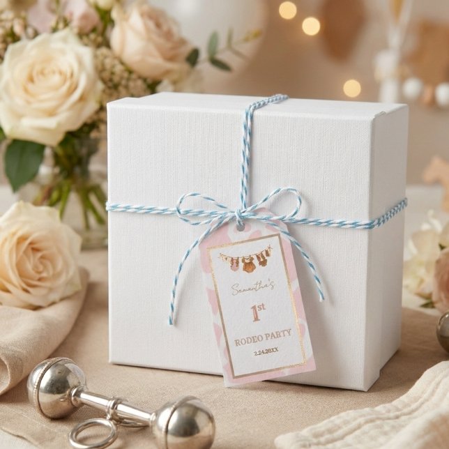 First Rodeo Pink Cowgirl Western Birthday Geschenkanhänger (First Rodeo Pink Birthday Gift Tag)