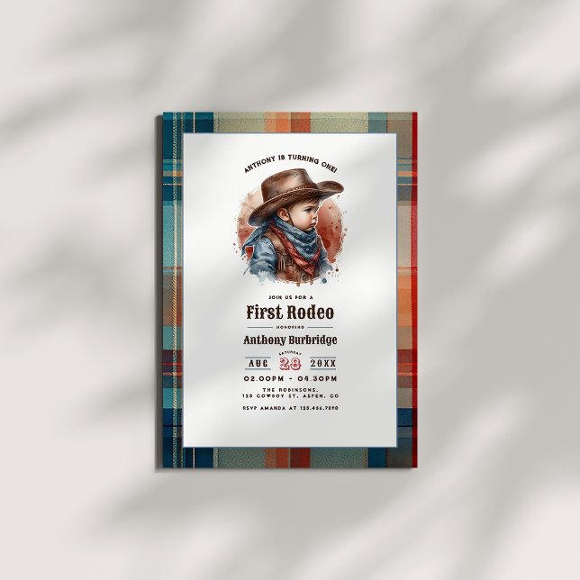 "First Rodeo" Rustic Cowboy 1. Geburtstag Einladung (“First Rodeo” Rustic Cowboy 1st Birthday Invitation)
