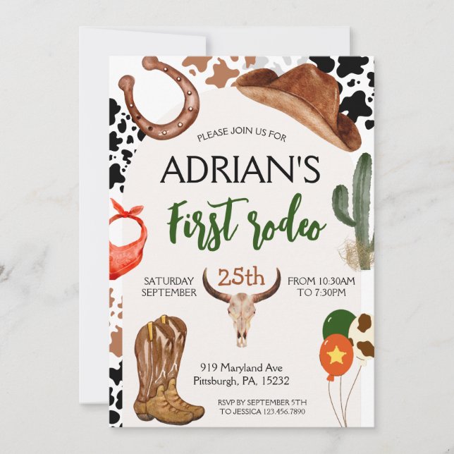 First Rodeo Western Cowboy First Birthday Einladung (Vorderseite)