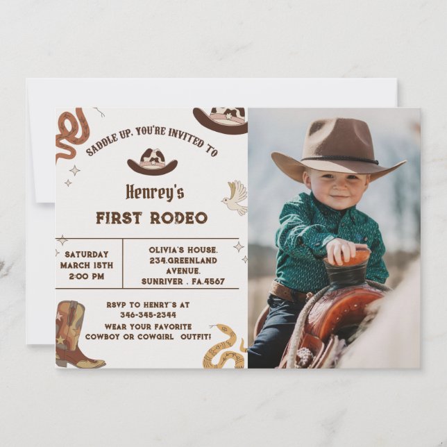 First Rodeo Western Cowboy First Birthday Foto Einladung (Vorderseite)