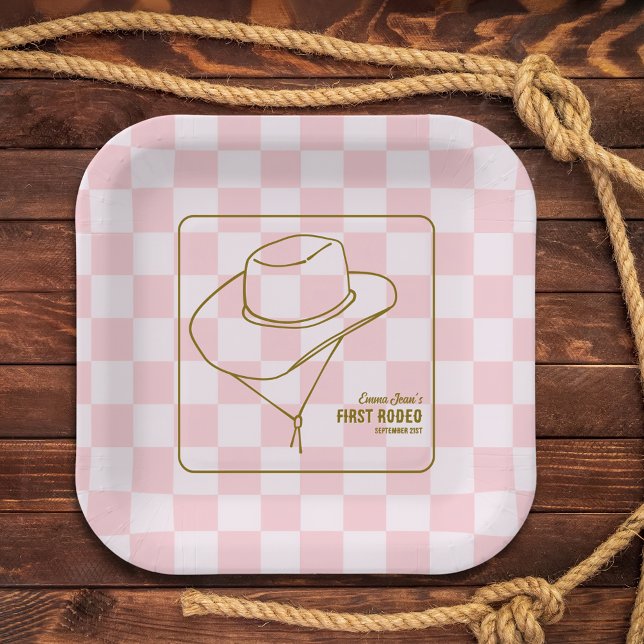 First Rodeo Western Pink Checkered 1st Birthday Pappteller (First Rodeo Western Pink Checkered 1st Birthday Paper Plates)