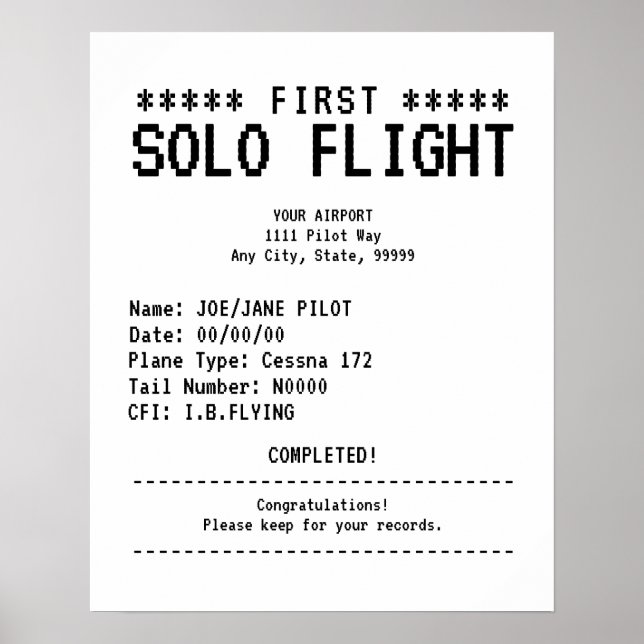 First Solo Flight Congratulations Poster (Vorne)