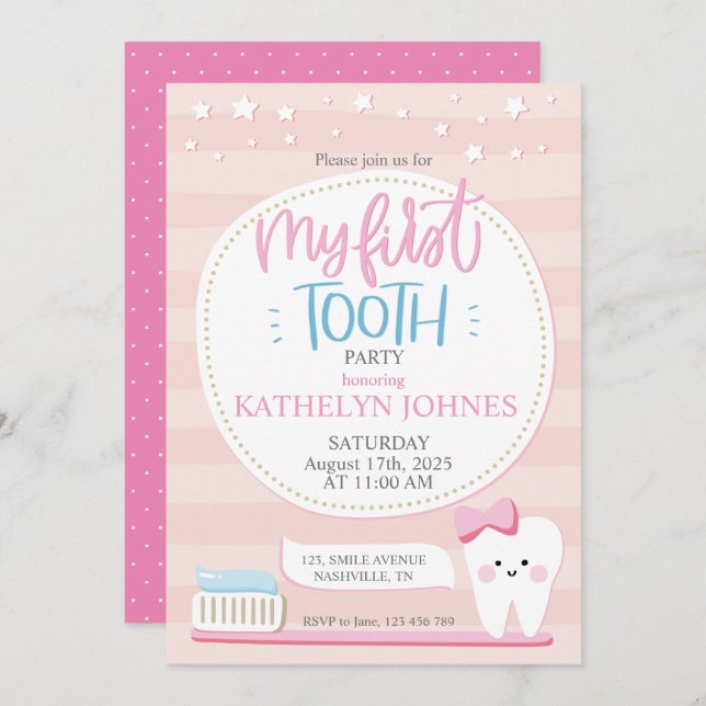 First Tooth Baby Girl Party Einladung (Vorne/Hinten)