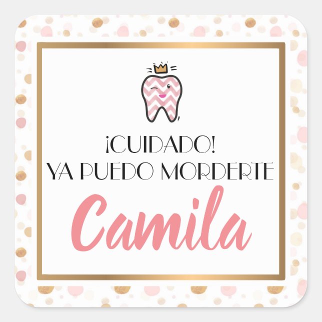 First tooth Label Quadratischer Aufkleber (Vorderseite)