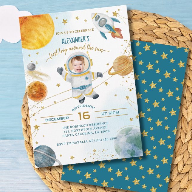 First Trip Around the Sun Photo Space Birthday Einladung (Von Creator hochgeladen)