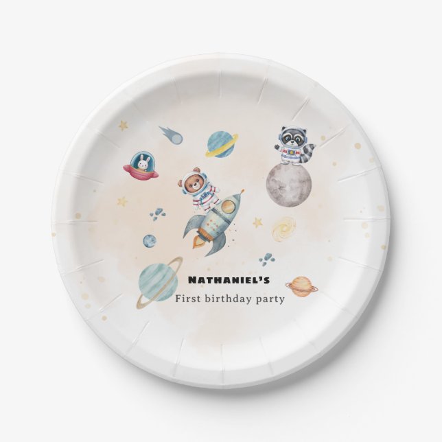 First Trip Around the Sun space animals Birthday  Pappteller (Vorderseite)