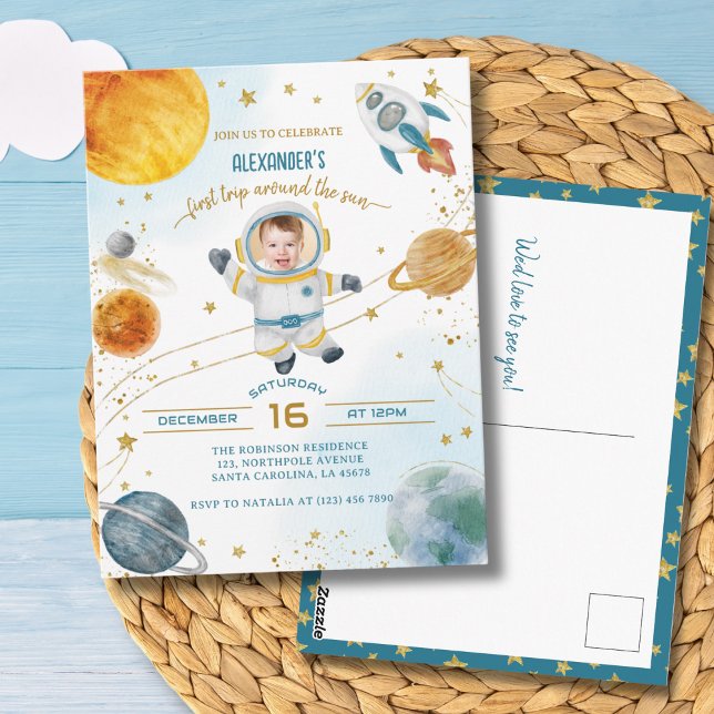 First Trip Around the Sun Space Photo Birthday Postkarte (Von Creator hochgeladen)