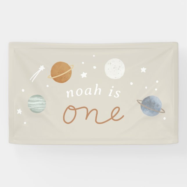 "First Trip" Beige Space Theme 1. Geburtstag Banner (Horizontal)