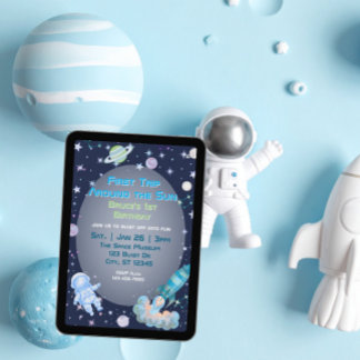 First Trip, Blue Green Space 1st Birthday Einladung