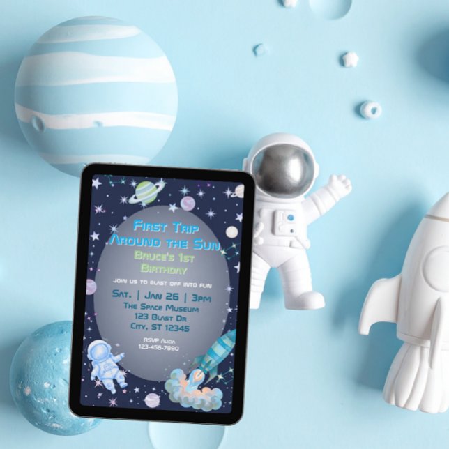 First Trip, Blue Green Space 1st Birthday  Einladung (Von Creator hochgeladen)