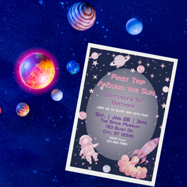 First Trip, Pink Purple Space 1st Birthday  Einladung (Von Creator hochgeladen)