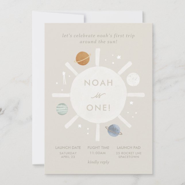 "First Trip" Sun Space 1. Geburtstag Einladung (Vorderseite)