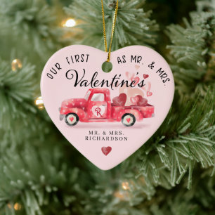 First Valentine's As Mr & Mrs Red Watercolor Truck Keramik Ornament