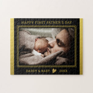 First Vatertag Vater und Baby Foto Black Gold Puzzle