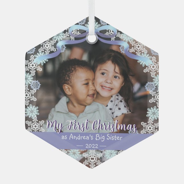 First Xmas Oma Snowflakes Ribbon Light Blue Ornament Aus Glas (Vorderseite)