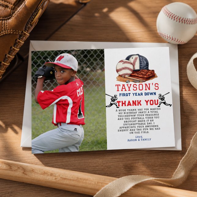 First Year Down Baseball 1. Geburtstag Dankeskarte (First Year Down Baseball 1st Birthday Thank You Card)