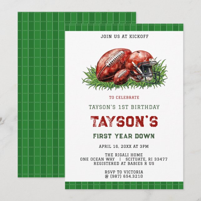 First Year Down Football 1st Birthday Party Einladung (Vorne/Hinten)