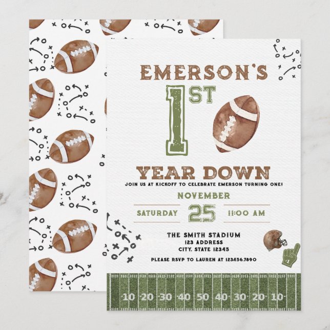 First Year Down Football Birthday Invitation, 2nd Einladung (Vorne/Hinten)