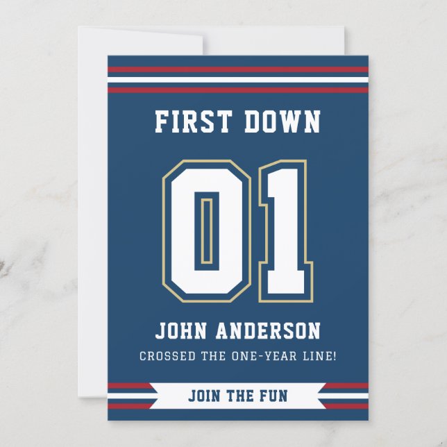 First Year Down Football Sports 1st Birthday Party Einladung (Vorderseite)