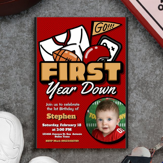 First Year Down - Football with Photo Einladung (First Year Down - Football with Photo Picture Invitation)