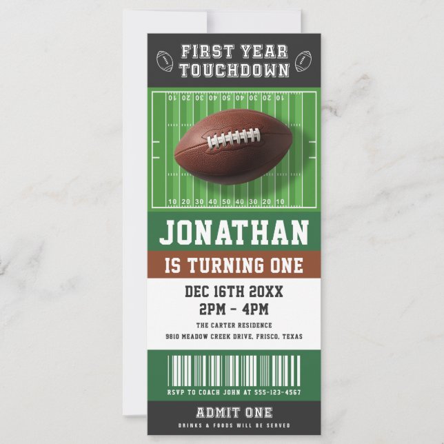 First Year Touchdown Football Ticket 1st Birthday Einladung (Vorderseite)
