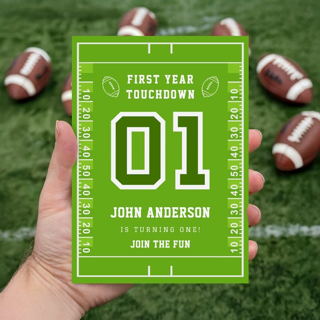 First Year Touchdown Green Football Field Birthday Einladung (Von Creator hochgeladen)