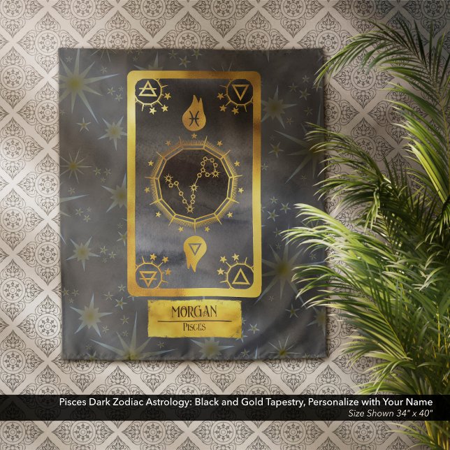 Fisces Dark Zodiac Astrologie: Schwarzer Goldname Wandteppich (Pisces Dark Zodiac Astrology: Black and Gold Tapestry, Personalized with Your Name.)