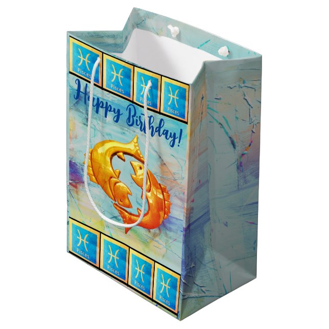 Fisces Happy Birthday - Medium Gift Bag Mittlere Geschenktüte (Vorderseite Schrägansicht)