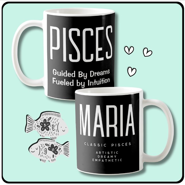 Fisces Water Signature Astrologie Geschenk Kaffeetasse (Pisces Star Sign Zodiac Gift with Personalized Name, Pisces Quote, Traits, Symbol & Birth Dates.)