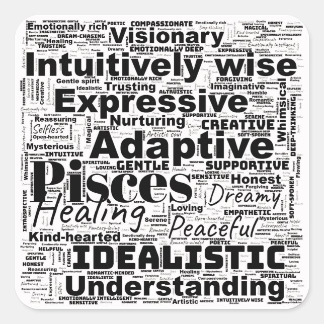 Fisces Word Cloud Zodiac Inspiration Quadratischer Aufkleber (Vorderseite)