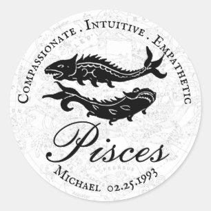 Fisces Zodiac Eigenschaften Astrologie Schwarz-wei Runder Aufkleber