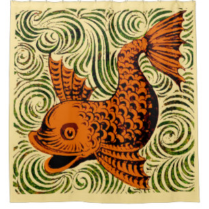Fisch Antike Fliese Alte Kunst alte De Morgan Kuns Duschvorhang