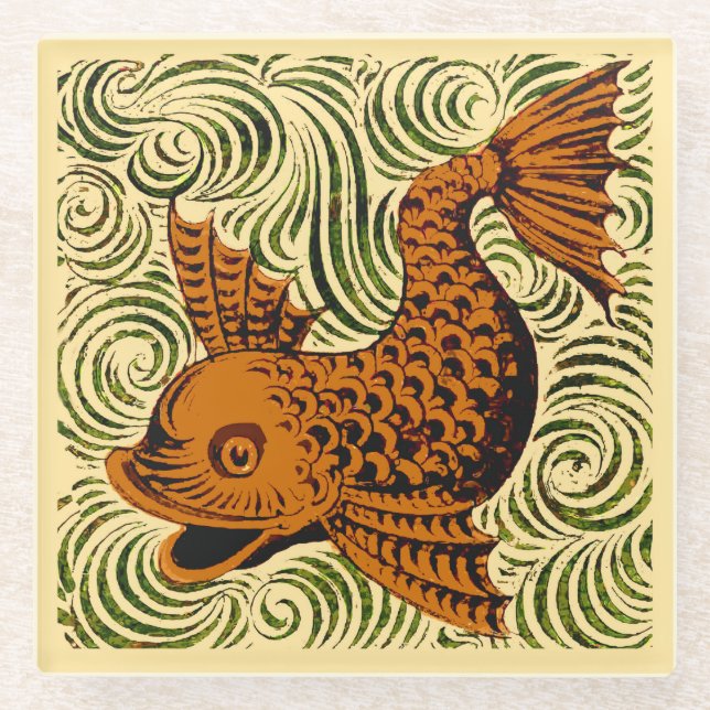 Fisch Antikes Tile Alte Kunst antiken Glasuntersetzer (Vorderseite)