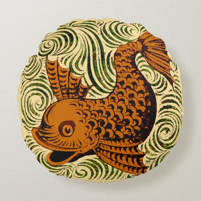 Fisch Antikes Tile Alte Kunst antiken Rundes Kissen (Vorderseite)