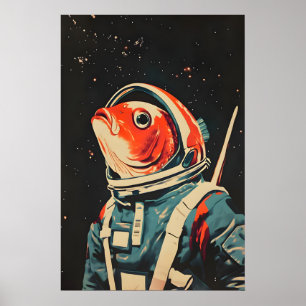 Fisch Astronaut Poster, Fisch Retro Druck, Fisch Poster