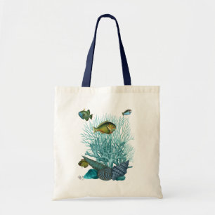 Fisch-blaue Muscheln und Korallen Tragetasche