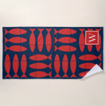 Fisch-Blockdruck Nautilus - Rot & Navy-Monogramm