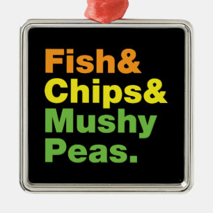 Fisch & Chips & Mushy Peas. Silbernes Ornament