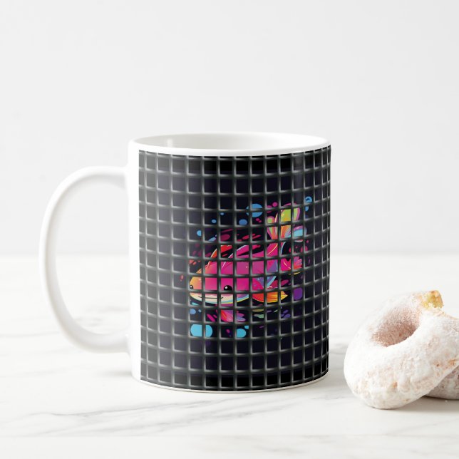 Fisch hinter Netz Illustration Kaffeetasse (Mit Donut)