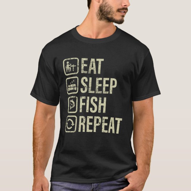 Fisch isst Schlaf Wiederholung Fischfang Lifestyle T-Shirt (Vorderseite)