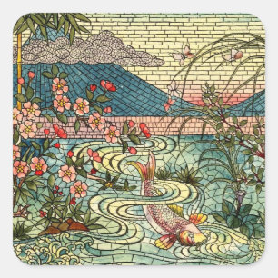 Fisch-japanischer Buntglas-Entwurf Quadratischer Aufkleber