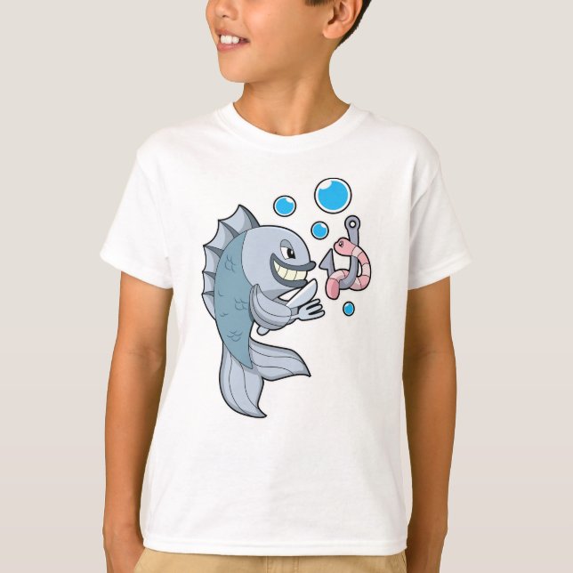 Fisch mit Fischhaken und Wurm T-Shirt (Vorderseite)